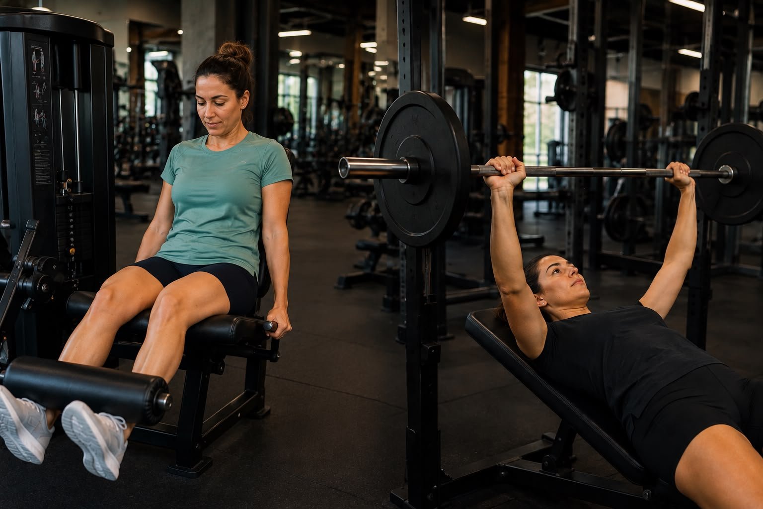 Duas mulheres treinando musculação em academia — uma na cadeira extensora, outra no supino reto com barra
